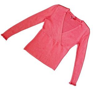 TAPE MEASURE Ribbed Knit Wrap V-neck Long Sleeve Sweater Pumpkin Orange Cotton S